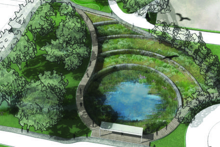 Rain Garden Landscape, Campus Landscape Design, Pond Landscape, Retention Pond, Water Artists, Water Sculpture, Campus Design, Pond Water Features, Pond Landscaping