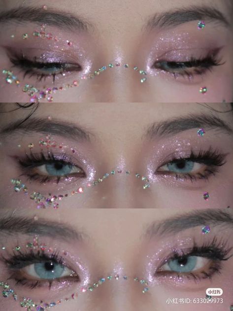 Eye Makeup Tutorial Simple, Eye Makeup Douyin, Edc Makeup, Makeup Douyin, Concert Makeup, Sparkly Makeup, Rhinestone Makeup, Princess Makeup, Douyin Makeup