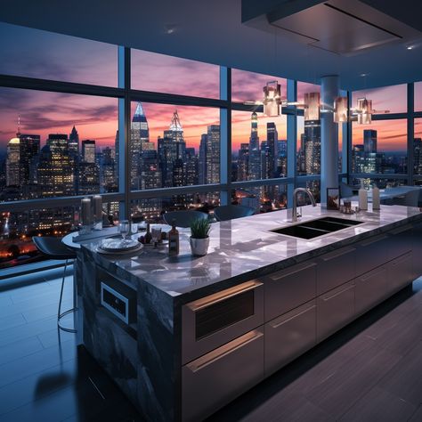 a realistic hi res 4k photo of a hyper modern kitchen in a penthouse apartment in the financial district of new york city. It had all the latest appliances and has a stainless steel couture. The mix of the various lights of new york city illuminate the kitchen at sundown. #nft #AI #art #painting #nftartist #AIartgallery #DigitalArt #artwork #AIart #generativeart #GenerativeAI #artwork #artist #artistsofinstagram Visions Aesthetic, Penthouse Apartment Aesthetic, Penthouse Kitchen, 4k Photos, Aesthetic Kitchen, Penthouse Apartment, Apartment Aesthetic, Financial District, Beautiful Kitchen