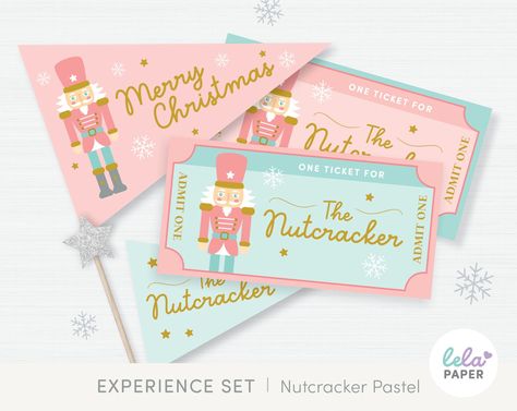 Pastel Nutcracker Tickets Printable | Pink Christmas Holiday Gift Set | Banners, Pennants, Gift Tags, Flags Decor | Experience Gift Idea Whimsical Nutcracker, Pastel Nutcracker, Pink Tickets, Printable Tickets, Winter Activities For Kids, Pennant Flags, Holiday Gift Sets, Pennant Banners, Experience Gifts