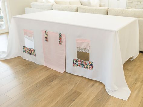 Table Playhouse Diy, Tablecloth Playhouse Diy Pattern, Tablecloth Tent, Tablecloth Fort, Tablecloth Playhouse, Play Tent Diy, Diy Play Tent, Table Playhouse, Card Table Playhouse