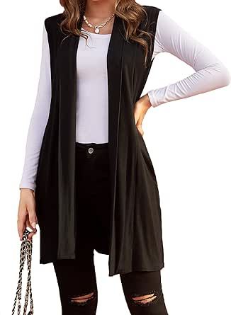 Beyove Womens Long Vests Sleeveless Draped Lightweight Open Front Cardigan Layering Vest with Side Pockets Womens Long Vest, Cardigan Layering, Dressy Vest, Long Sleeveless Vest, Elegant Vest, Lightweight Open Front Cardigan, Long Sweater Vest, Vest Layering, Sleeveless Duster