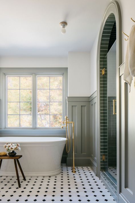 Geneva Residence — Corey Lohmann Design Walls With Molding, Subway Shower Tile, Sage Walls, Colonial Bathroom, Timeless Bathroom, Bathroom Goals, Bathroom Inspiration Decor, Design Bathroom, Main Bathroom