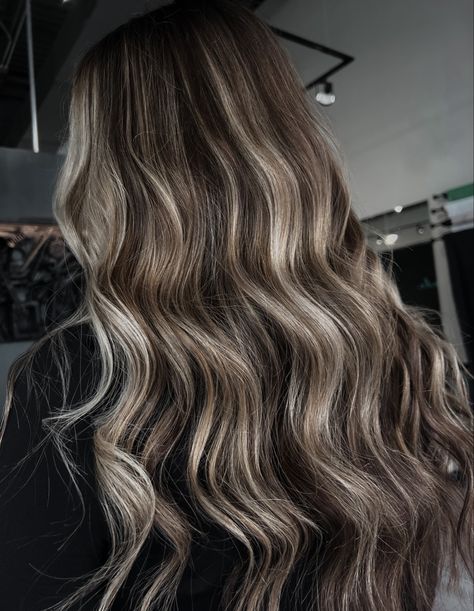 Ash Brown With Grey Highlights, Brown Hair With A Little Highlights, Dark Brown Hair With Ashy Blonde Highlights, Ashy Brown Lowlights, Brunnete Hair Highlight, Ice Highlights Brown Hair, Ashy Brown Hair With Icy Blonde Highlights, Dark Brown With Ashy Highlights, Light Brown With Blonde Balayage