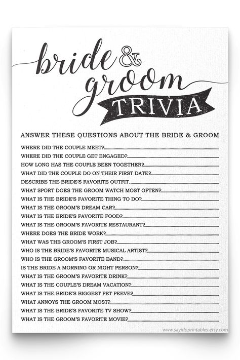 Couples Trivia, Wedding Quiz, Wedding Table Games, Bridal Shower Questions, Wedding Trivia, Wedding Game, Fun Bridal Shower Games, Bridal Shower Activities, Rustic Bride