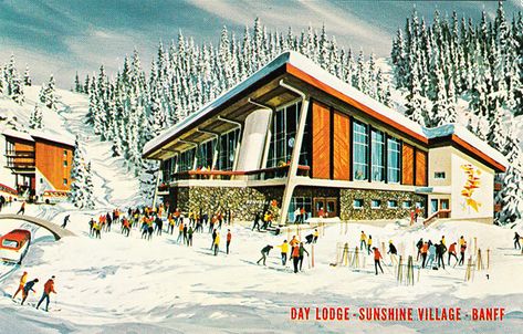 Ski Lodges: Mid-Century Modern | AlpineStyle56 Mid Century Modern Ski Lodge, Ski Lodge Illustration, 70s Ski Lodge, 80s Ski Lodge, Modern Ski Cabin, Ski Resort Architecture, Aspen Ski Lodge, Vintage Ski Resort, Ski Lodge Aesthetic