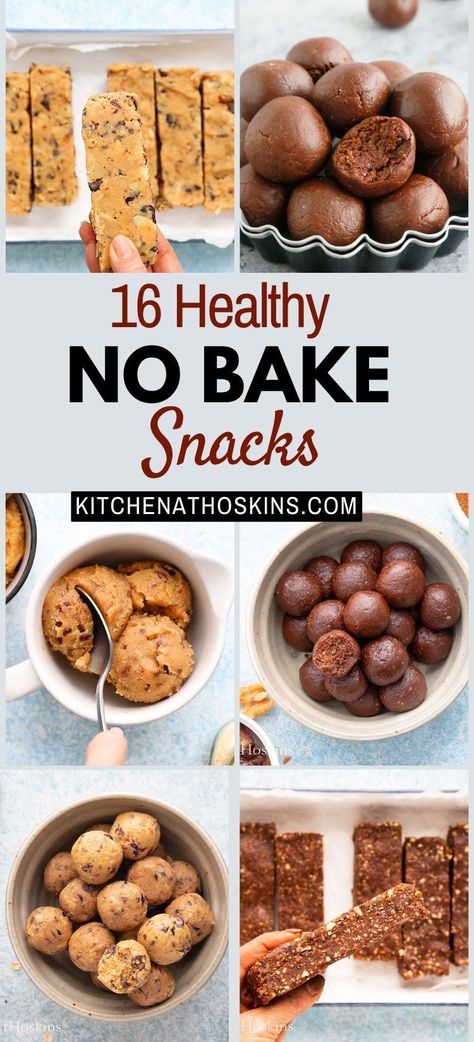 Discover healthy no bake snack recipes that are guilt free and perfect for kids to make and eat. If you are looking for healthy treats using dates, nuts, chocolate, peanut butter or oats, then you are sure to find ideas for clean eating, vegan, gluten free or healthy snack ideas at kitchenathoskins.com. Healthy Snacks No Cook, No Cook Snacks For Kids To Make, No Bake Toddler Snacks, Home Made Snacks Healthy, Healthy Oat Snacks, Easy Snacks No Bake, No Bake Snack Recipes, No Bake Healthy Snacks, Healthy No Bake Snacks