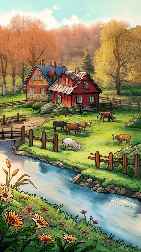 Drawing Of A Village, Cartoon Scenes Drawing, Village Illustration Art, Beautiful Village Scenery Drawing, Village Scene Drawing Paintings, My Village Drawing, Farm Drawing Ideas, Farm Drawing Landscape, Village Drawing Landscapes