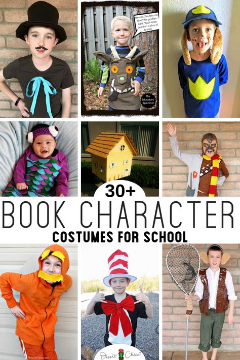 Easy DIY Book Character costumes for kids and for teachers. Over 30 classic and unique story book costumes for boys, for girls and for adults. Basically a simple or last-minute costume idea for just about everyone! Storybook Character Costumes | Character DIY Costume | Dress lie a Book Character for Kids | Dress like a Book Character for Teachers | Word Book Day Costumes for Teachers. Best Storybook Character Costumes, Book Character Costumes For Kids Boys, Book Character Day For Boys, Storybook Character Costumes For Kids, Character Day Spirit Week Last Minute, Boys Book Character Costumes, Diy Book Character Costumes, Easy Book Character Costumes, Childrens Book Character Costumes