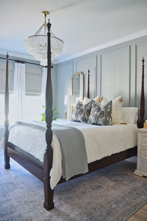 Dreamy vibes for your Monday, sweet friends! We love a gorgeous Spring bedroom refresh, and you've got Yours, too! This room was a plain white box when we started; now, it's a beautiful coastal oasis of rest and relaxation here in the Lowcountry...talk about a boost for your mental health! We love the Charleston look—let us find Your version of Coastal!   #bedroomdecor#coastalbedroom #Charleston #interiordesign #spring #springtime#mentalhealth #bluebedroom #bedroomdesign #lowcountry #trimmolding Blue Guest Bedroom Decor, Charleston Guest Bedroom, Hampton Cottage Interiors, Rice Beds Bedroom, Southern Living Bedroom Master Suite, Colonial Chic Bedroom, Coastal Traditional Bedroom, Traditional Coastal Bedroom, Blue Vintage Bedroom Ideas