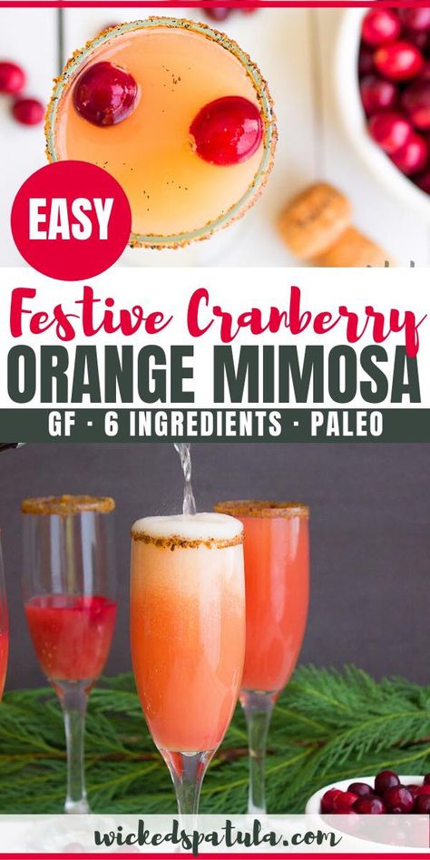 Holiday Orange Cranberry Mimosa Recipe | This holiday cranberry mimosa recipe is bright, beautiful, and bubbly! It takes just a few minutes to make a cranberry orange mimosa for Christmas... or any day. #wickedspatula #paleo #holidaymimosa #mimosa #cranberries #orange #vanilla via @wickedspatula Cranberry Mimosa Recipe, Orange Mimosa, Paleo Roast, Cranberry Mimosa, Paleo Appetizers, Best Paleo Recipes, Mimosa Recipe, Orange Cranberry, Paleo Recipes Easy