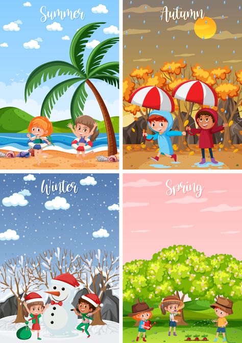 Different Seasons Drawing, Four Seasons Drawing For Kids, Four Seasons Activities Preschool, Seasons Drawing Ideas, Season Chart For Classroom, Season Charts For Kids, Seasons Chart Preschool, Spring Season Drawing For Kids, Winter Season Drawing For Kids