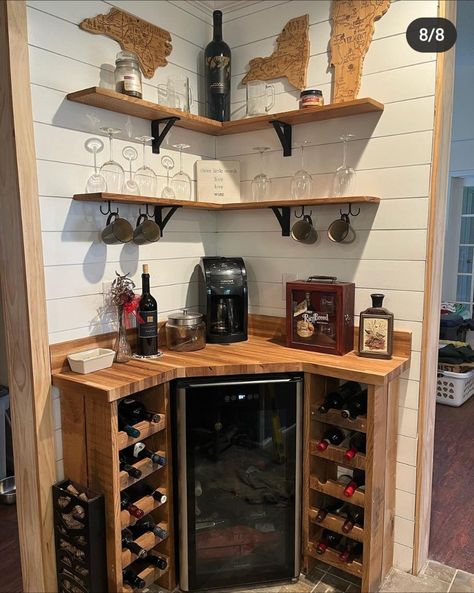 Corner Room Bar Ideas, Corner Shelf Bar Ideas, Bedroom Coffee And Wine Bar, Diy Bar Ideas For Home Small Spaces, Corner Bar Cabinet With Wine Fridge, Diy Corner Bar With Mini Fridge, Corner Wine Fridge Cabinet, Diy Corner Bar Ideas, Rustic Mini Bar Ideas