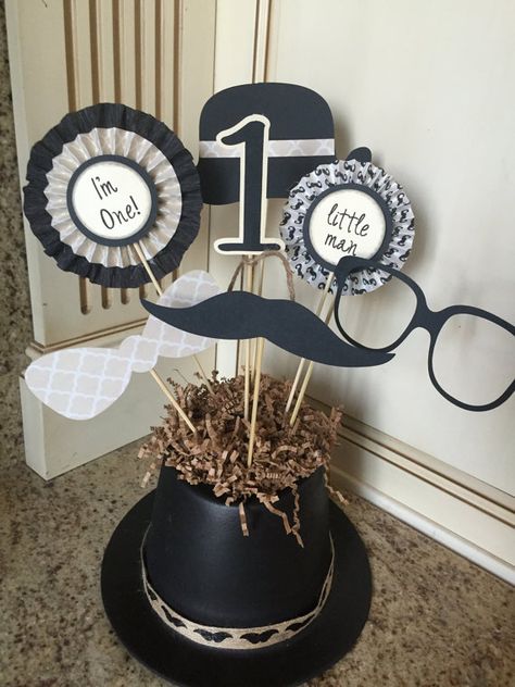 Little Man Mustache 1st Birthday Centerpiece by PoshBoxParties Little Man Birthday Party Ideas, 1st Birthday Centerpieces, Mustache Birthday, Man Mustache, First Birthday Boy, Mustache Baby Shower, Mustache Party, Birthday Invitations Diy, Mens Birthday Party