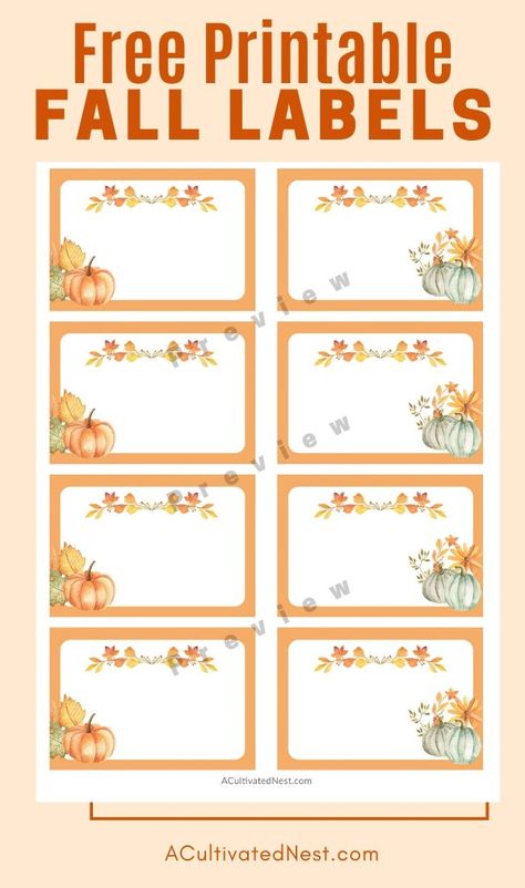 Free Printable Fall Labels- Get your home organized for fall with these beautiful free printable autumn labels with watercolor pumpkins! | #freePrintable #printable #organizing #labels #ACultivatedNest Free Printable Fall Note Cards, Fall Food Labels Free Printables, Pumpkin Labels Free Printable, Thanksgiving Labels Free Printable, Pumpkin Tags Printables Free, Fall Name Tags Free Printable, Happy Fall Gift Tags Printable Free, Fall Tags Printable Free, Bag Toppers Printable Free