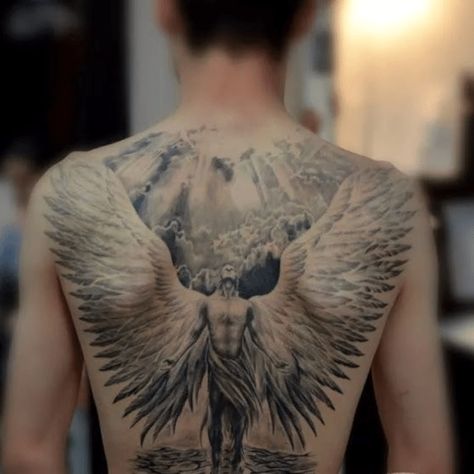 Angel Back Tattoo, Beautiful Angel Tattoos, Wing Tattoos On Back, Tattoo Homme, Wing Tattoo Men, Archangel Tattoo, Angel Tattoo Designs, Religious Tattoos, Chest Tattoo Men