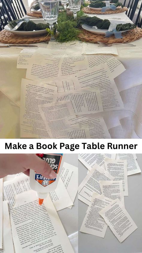 How to Make a Book Page Table Runner - traditionallycozy.com Book Pages Centerpiece, Book Page Runner, Book Page Runner Diy, Book Page Table Runner Diy, Book Table Runner, Diy Book Party Decorations, Book Party Ideas For Adults, Book Page Table Runner, Book Tea Party