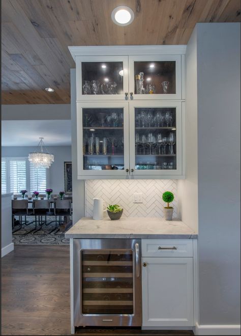 Wine Chiller Cabinet Built Ins, Built In Wine Cooler In Kitchen, Wine Fridge Cabinet Built Ins Kitchen, Dining Room Bar With Wine Fridge, Cottage Wine Rack, Built Ins With Wine Fridge, Wine Nook In Kitchen, Wine Fridge Bar Area, Wine Cabinet With Refrigerator