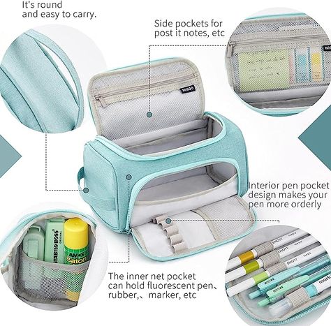 【big Capacity】 The main compartment fit up to 80-100 pens/pencils, and can store small stationery in the side pockets, such as notes, Rubber, Sticker, etc. In the slot of front flap , can put a few shorter pens that are often used. 【Muti-Function】New Multifunctional pencil/makeup bag, hand-held design, easy to carry at anytime in everywhere, the compact size fits most of bags. Not only for pencil pen case, but also can be used for art,craft pouch, travel or makeup cosmetic bag, great to use as t Pouches Aesthetic, Special Pencil Case, Pencil Case Design, College Office, Cute Pencil Case, Office Organizer, Cute Stationary, Bag School, Cute School Supplies