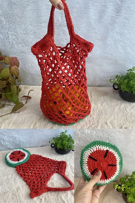 CROCHET BAG : Crochet Foldable Fruit Market Bag Tutorial | Foldable Watermelon Crochet Market Bag🍉🍉 #crochetbag #foldablebag #watermelon #crochetfruit Materials: 1. Cotton rope size 2 mm. 2. Crochet Hook No.6 size 3.5 mm. 3. Felt 4. Glue 5. Scissors 6. Needle Finished Watermelon size: Height 13 cm. Width 13 cm. Collapsible Market Bag Crochet, Collapsible Crochet Bag, Crochet Collapsible Bag, Foldable Bag Crochet, Foldable Net Bag Crochet, Fruit Market Bag Crochet, Foldable Fruit Bag Crochet Pattern, Foldable Crochet Bag, Crochet Fruit Bag Free Pattern