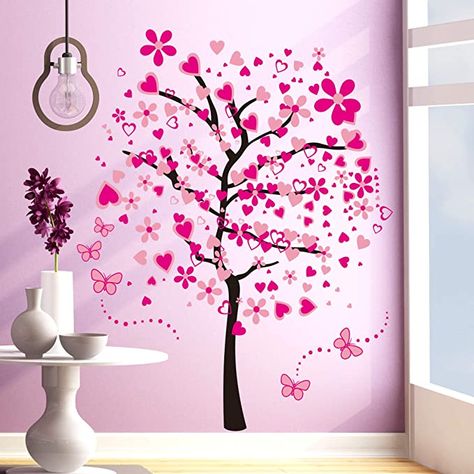 Red Living Room Walls, Diy Butterflies, Tree Wall Decals, Branch Tree, Heart Wall Stickers, Pink Cartoon, Diy Wall Decals, Diy Wall Stickers, Kids Room Paint