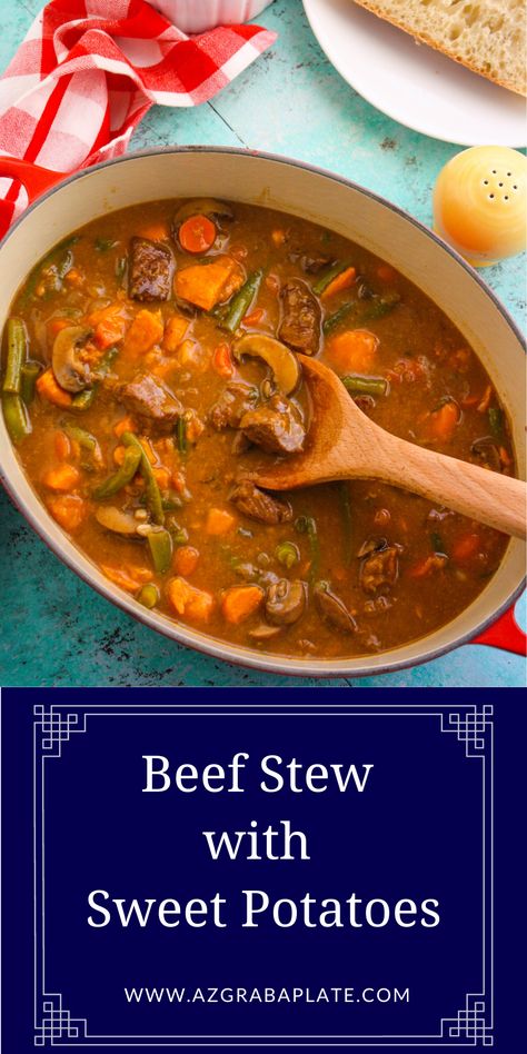 Beef Stew with Sweet Potatoes is an ideal dish to make when you need something hearty, flavorful and comforting. It's a great time of the year to serve this satisfying meal that's easy to make. Beef Stew With Sweet Potatoes, Beef And Sweet Potato Stew, Stew With Sweet Potatoes, Sweet Potato Beef Stew, Slow Cooker Bbq Beef, Bbq Beef Sandwiches, Sweet Potato Stew, Potato Stew, Beef Barley