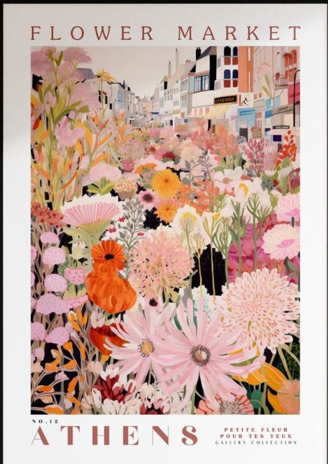 Pink And Orange Wall Art, Greece Wall Art, Athens Travel, Market Poster, Flower Market Poster, Orange Wall Art, Wall Art Botanical, Wall Art Pink, Wall Art Floral