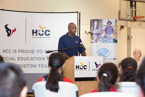 The Houston Community College Foundation and the Houston Texans are celebrating after joining forces to launch the HCC Field of Opportunity Program. This program builds on HCC’s Opportunity 14 scholarships already administered by the Houston Community College Foundation. It will also provide a minimum of $50,000 in scholarships annually to members of the Boys & Girls Club. Houston Texans cornerback Johnathan Joseph joined children to celebrate the HCC Field of Opportunity Program. Hcc College, Houston Community College, Boys And Girls Club, College Shirts, Dream Career, Education College, Houston Texans, Community College, Girls Club