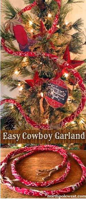 DIY Cowboy Christmas Tree Garland Cowboy Christmas Tree Ideas, Cowboy Christmas Tree, Western Christmas Decorations, Diy Western, Western Christmas Tree, Garlands Christmas, Diy Garlands, Cowboy Bandana, Gravesite Decorations