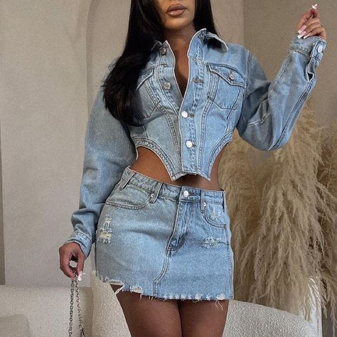 Diva Boutique on Instagram: "This denim set is a MUST 🔥💙 Run, don’t walk www.DivaBoutiqueOnline.com 🔎 Love Me Like Do Denim Skirt Set" Denim Skirt Set Outfit Black Women, Two Piece Denim Skirt Set, 2 Piece Outfit Set Skirts Birthday, Denim Skirt Set Outfit, Denim Birthday Outfit Black Women, Jean Skirt Set, 2 Piece Jean Skirt Set, 2 Piece Denim Outfit, Outfit Ideas With Jean Skirt