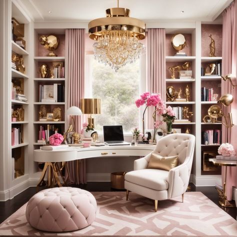 7 Dream Contemporary Glam Interior Decorating Ideas | Home Wall Art Decor Bridgerton Office Decor, Work From Home Office Design, Milanote Ideas, Female Office Ideas, Peach Office, Feminine Home Office Classy, Rebranding Ideas, French Country Office, Glam Office Decor