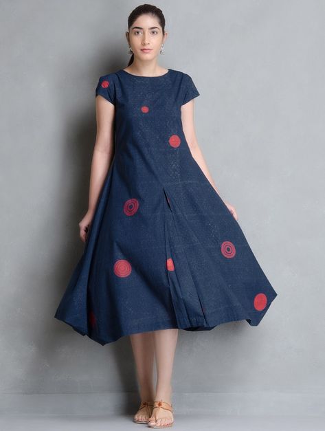 Indigo-Red Block Printed Asymmetrical Box Pleated Cotton Dress https://www.jaypore.com/indigo-white-red-block-printed-asymmetrical-box-pleated-cotton-dress-p129525 Palazzos Pants, Anarkali Designs, Casual Gowns, Cotton Dress Pattern, Simple Kurta, Casual Trendy Outfits, Style Council, Frocks And Gowns, Simple Kurti