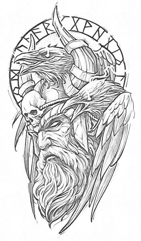 Odin Viking God Tattoo, Nordic Shoulder Tattoo Men, Free Viking Printables, Thor Tattoo Design Norse Mythology, Viking Art Drawing Norse Mythology, Geri And Freki Tattoo, Viking Tattoo Stencil, Odin Drawing, Norse God Tattoo