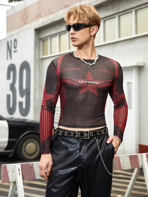 Manfinity Fever City Men Star & Letter Graphic Mesh Tee | SHEIN USA Men Rave Fits, Edm Festival Outfit Men, Techno Outfit Men, Rave Fashion Men, Sheer Shirt Outfits, Mesh Shirt Outfit, Rave Outfit Men, Rockstar Boyfriend, Sweat Tour