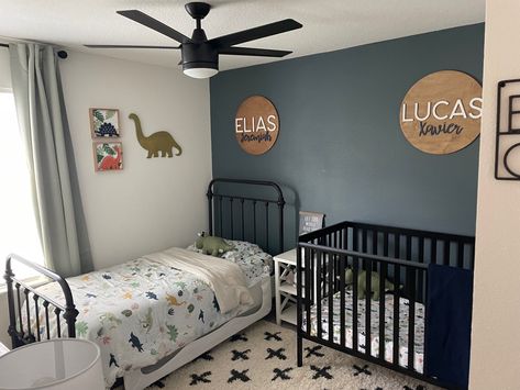 Shared Sibling Room With Crib, Shared Room Crib And Twin Bed, Dinosaur Shared Bedroom, Brothers Bedroom Decor, Boys Shared Bedroom Crib And Bed, Toddler Shared Bedroom Boys, Brothers Shared Room Ideas, Shared Nursery With Sibling Small Spaces, Shared Room With Crib