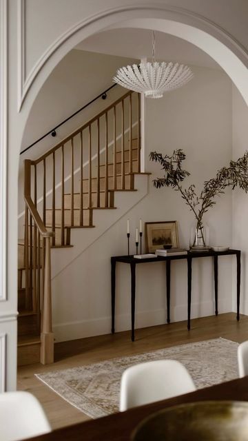 Stair Side Wall Decor, Sunken Entryway, French Country Stair Railing Ideas, Foyer With Stairs, Modern Organic Design, Willow House, Entry Stairs, Hallway Inspiration, Modern Entry