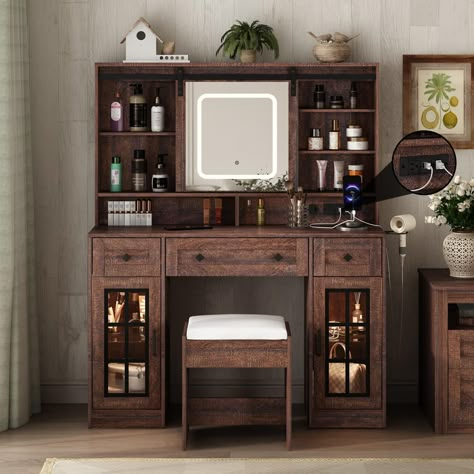 PRICES MAY VARY. 【Farmhouse Vanity with Charging Station】The design blends farmhouse elements,This make up vanity table comes with a power strip, which includes 2 standard plug sockets and 2 USB ports. Easily connect a hair dryer, or curling iron, and charge your phone or other electronics. 【Touch Control Sliding Lighted Mirror】Gently touch the button to adjust 3 color modes, Long press to adjust brightness. Slide the mirror to either side you like freely making your daily beauty rituals effortl Vintage Style Vanity, 90’s Room, Farmhouse Makeup Vanity, Dressing Table For Bedroom, Make Up Desk, Makeup Organizing, Mid Century Vanity, Makeup Vanity Desk, Vanity Tables