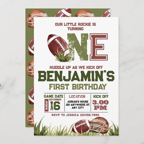 Ready for a football birthday party? This design features hand-painted watercolor items such as a football helmet, and football ball, together with the typography "First Year Down", and "Little Rockie". All text is editable on this birthday invite and budget-friendly postcards are available too! The design is suitable for boys and is fully customizable for a 1st birthday, 2nd birthday, and older kids. Find matching items in my shop. 1st Year Down Football Birthday, Football Birthday Party Invitations, Football First Birthday, Sports Birthday Invitations, Football Invitations, Birthday Postcard, Boys First Birthday Party Ideas, First Birthday Games, Football Birthday Party