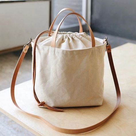 Drawstring large plain cotton canvas shoulder tote bag with leather handle, View canvas shoulder tote bag, OEM&ODM Product Details from Shenzhen Allwin Gifts Limited on Alibaba.com Desain Merek, Desain Tote Bag, Sac Diy, Diy Sac, Trendy Sewing, Project Bag, Eco Bag, Fabric Bags, Crochet Bags