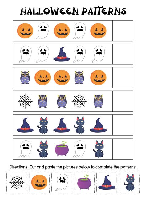 Kindergarten Halloween Pattern Worksheets Printables Halloween Tk Activities, Halloween Pattern Worksheets Free, Letter E Halloween Crafts, Halloween First Grade Worksheets, Pattern Printables For Preschool, Halloween Themed Worksheets, Halloween School Printables Free, Halloween Counting Kindergarten, Free Halloween Kindergarten Worksheets