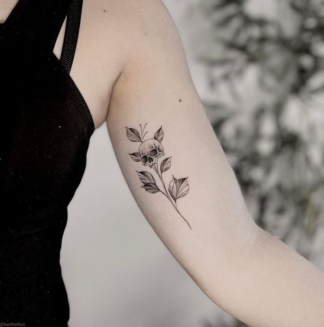 Skeletal Floral Tattoo, Skull Fine Line Tattoo, Dainty Skull Tattoo, Fine Line Skeleton Tattoo, Minimalist Skull Tattoo, Fine Line Skull Tattoo, Skeleton Flower Tattoo, Floral Skull Tattoos, Sticker Sleeve