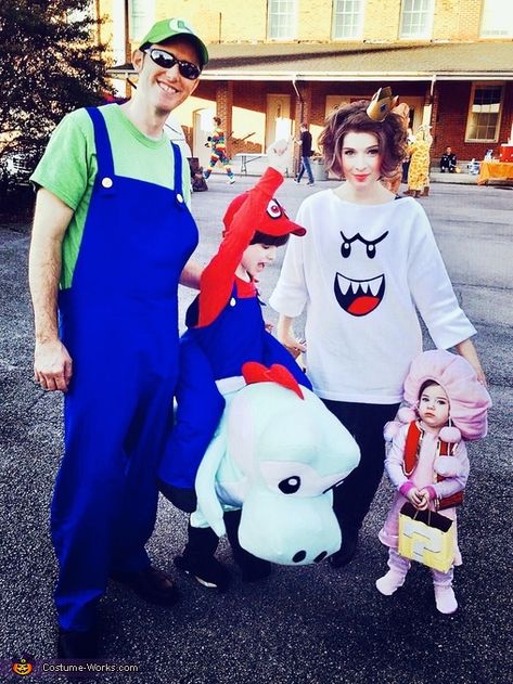 Mario Party Halloween Costumes Family, Mario Brothers Family Costumes Diy, Family Of 5 Halloween Costumes Mario, Super Mario Ghost Costume, Bobomb Mario Costume, Boo Mario Costume, Mario Bro Family Costume, Nintendo Family Costume, Easy Mario And Luigi Costumes