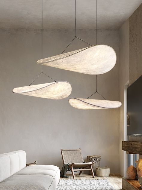 With a length of 80cm, the TENSE pendant light looks like a gentle cloud floating in. The soft Tyvek diffuser, a truly modern construction, is a durable yet soft material that is 100% recyclable. The flexibility of this paper-like shade allows the slender frame to accentuate the cloud-like qualities of the TENSE pendant light. The luminaire is fitted with a slim LED Light source and all components fit into a slim box for easy transportation. A truly modern approach to lighting. 
 Hook style picture display: 
 
 The difference between white light and warm light 
 
 If you have any questions about our products, please contact us and we will get back to you within 24 hours. 
 Product Size 
 Size: Dia 40cm x W 37cm x H 15cm / ∅ 15.7″ x W 14.6″ x H 5.9″ (Power: 20W) 
 Size: Dia 50cm x W 47cm x Modern Wabi Sabi, Traditional Ceiling Lights, Cement Pendant Light, Island Pendant Lights, Kitchen Island Lighting Pendant, Bedroom Bar, Chandelier Bedroom, Kitchen Island Pendants, Led Pendant Lights