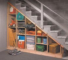 Need to do this for the basement staircase. Storage would be great. unfinished basement ideas | storage | Unfinished Basement Ideas #basementcrafts Under Basement Stairs, Under The Stairs Storage, Organizations Ideas, Basement Stairs Ideas, Stairs Storage, Under Stairs Cupboard, Under The Stairs, Concrete Stairs, Basement Storage