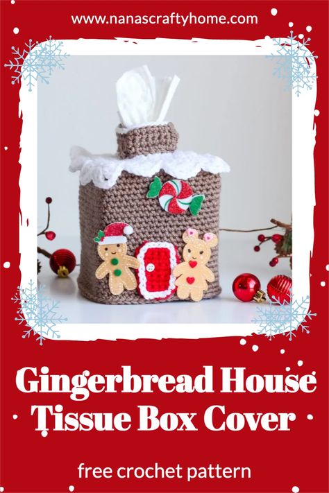 The Gingerbread House Tissue Box Cover is a free crochet pattern by Nana's Crafty Home. This adorable pattern works up quickly and is an easy way to dress up a plain cube tissue box. Make for the kids to add stickers and embellishments for their very own! Tissue Box Cover Crochet, House Tissue Box Cover, Crochet Gingerbread, Gingerbread House Patterns, Crocheted Christmas, Christmas Crochet Pattern, Crochet Christmas Trees, Christmas Gingerbread House, Holiday Crochet