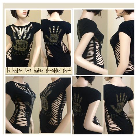 Reconstructed custom cut up shredded distressed slashed sexy punk goth rock shirt Punk Rock Shirts, Cut Up T Shirt, Cut Shirt Designs, T Shirt Weaving, Diy Cut Shirts, Shirt Makeover, Cut Up Shirts, Mode Steampunk, Goth Rock