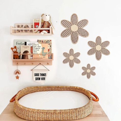 Shelf Decor Boho, Daisy Wall Decor, Daisy Nursery, Baby Wall Stickers, Nursery Shelf Decor, Nursery Shelf, Daisy Wall, Rattan Wood, Girls Bedroom Decor