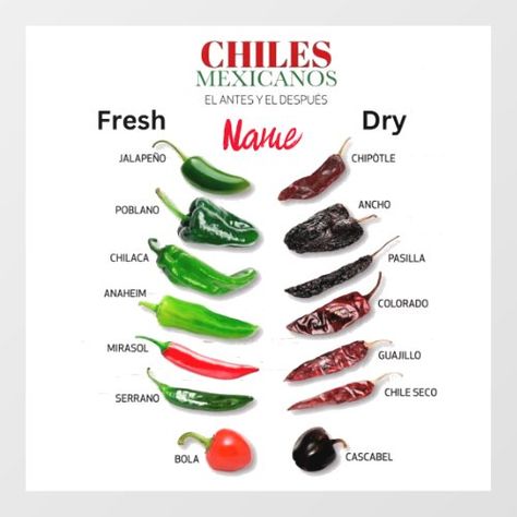 $48.15 | Chiles Fresh and Dry Thunder_Cove #customize, chiles, poblano, jalapeno, chipotle, colorado, ancho, chilaco, pasilla, mexican Chile Pasilla, Baking Tips, Anaheim, Mole, Peppers, Wall Decal, Cooking And Baking, Cooking Tips, Chile