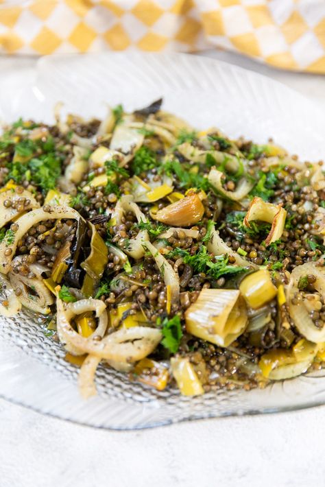 Leek, Fennel and Garlic Confit with Lentils du Puy, Parsley & Dill Fennel And Leek Recipes, Leeks And Lentils, Leek Confit, Lentils Salad, Leek Salad, Fennel Recipe, Roasted Leeks, Cooked Lentils, Garlic Confit