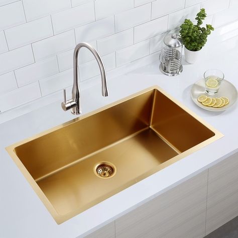 CB HOME 33" Drop-in&Undermount Single Bowl Gold Kitchen Sink,Top mount Stainless Steel Sink - Bed Bath & Beyond - 38263326 Gold Sink, Single Sink Kitchen, Kitchen Sink Stainless Steel, Butler Sink, Back To Wall Bath, Bowl Kitchen Sink, Single Bowl Sink, Sink Strainer, Gold Kitchen